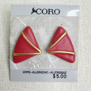 Coro Red and Gold Geometric Post Earrings 1980’s Chic Modernist New Wave Glam